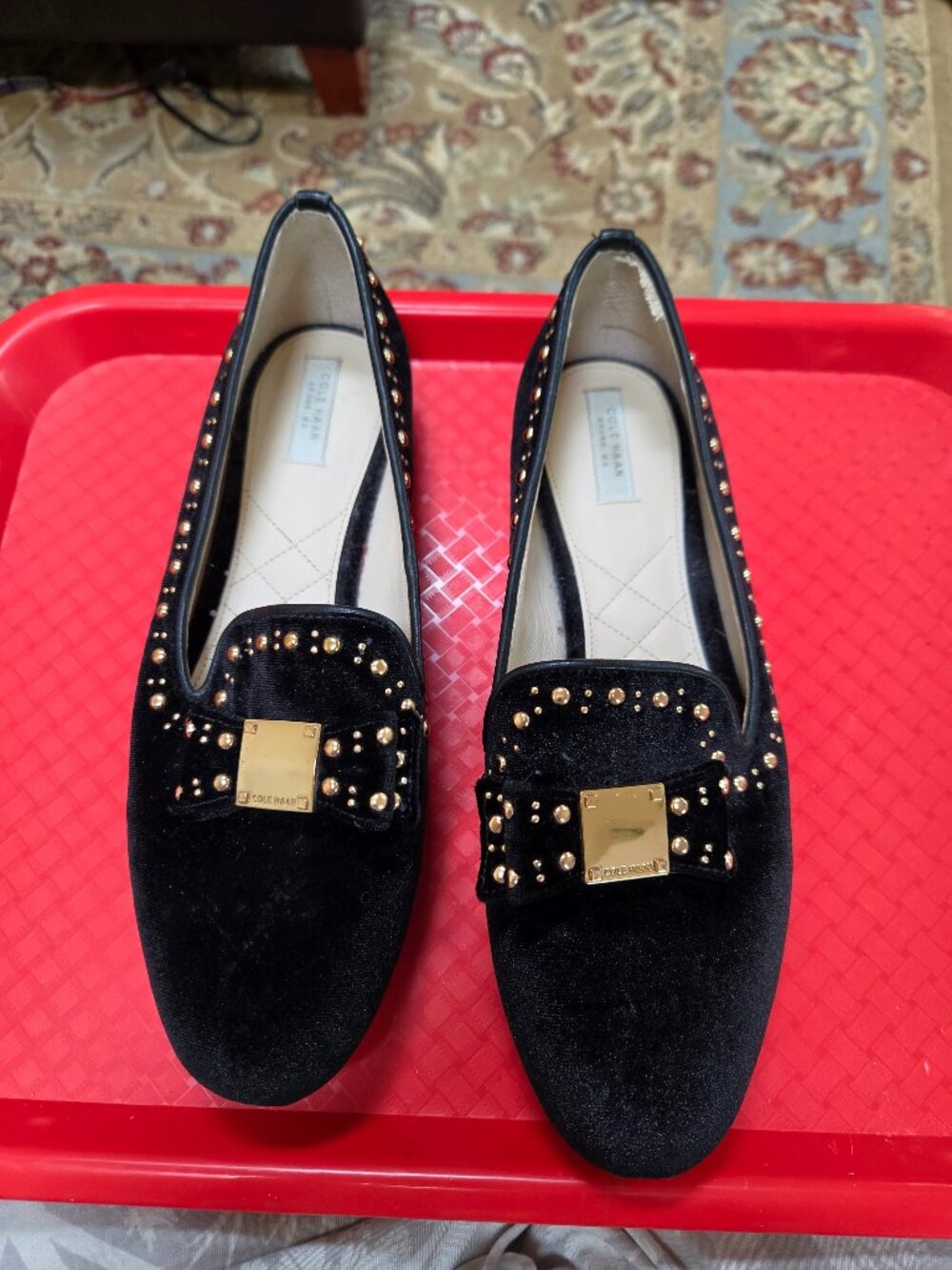 Cole Haan tali bow loafers in black velvet delicate goldtone studs accents